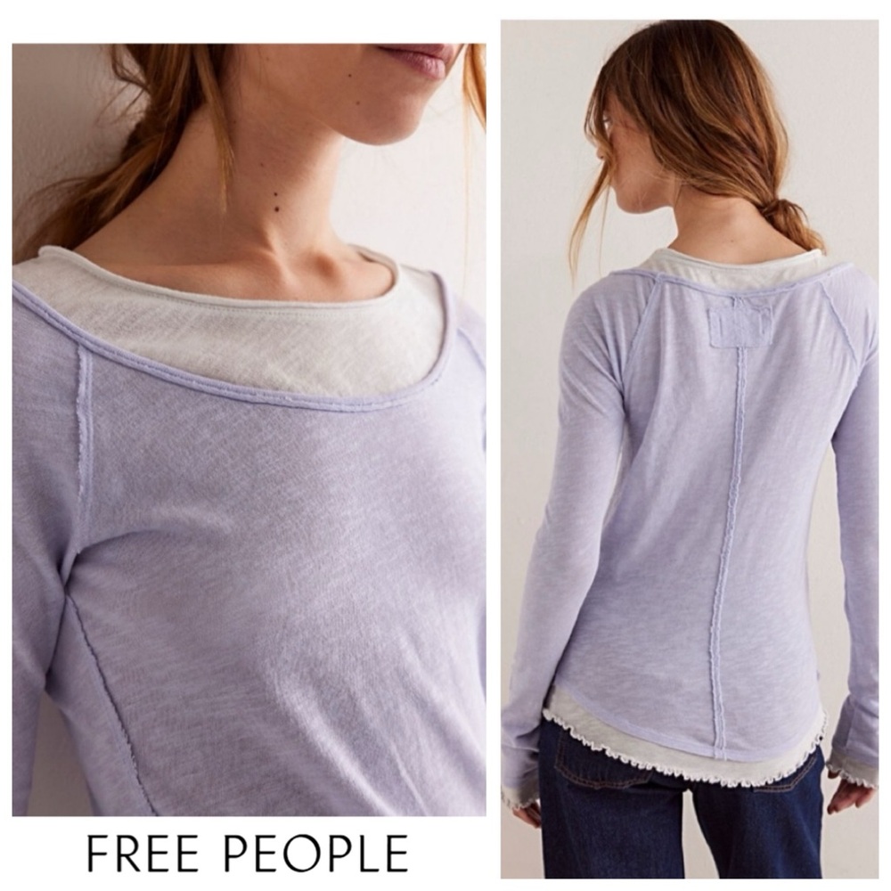 💟NWTS-$80 FREE PEOPLE Two’s A Charm Tee Lightweight Shirt *Cool Exposed Seams